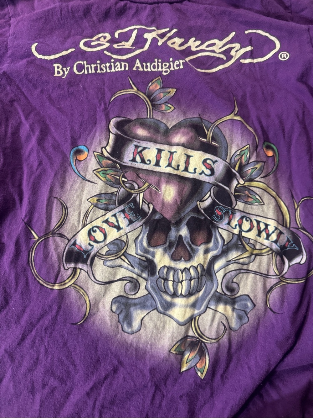 Ed Hardy Purple Skull & Heart Tattoo-Style Graphic Tee